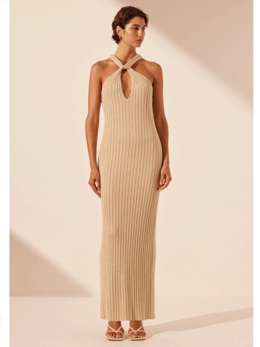 Shona Joy Cream Ribbed Halter Maxi Dress